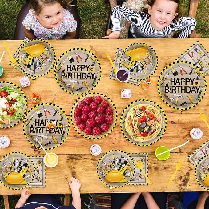 Grencian 96 PCS Handyman Tools Party Supplies Handyman Tools Party Plates 350GSM Disposable Handyman Tools Birthday Tableware Set for Little Builder Carpentry Construction Birthday Party, Serves 24