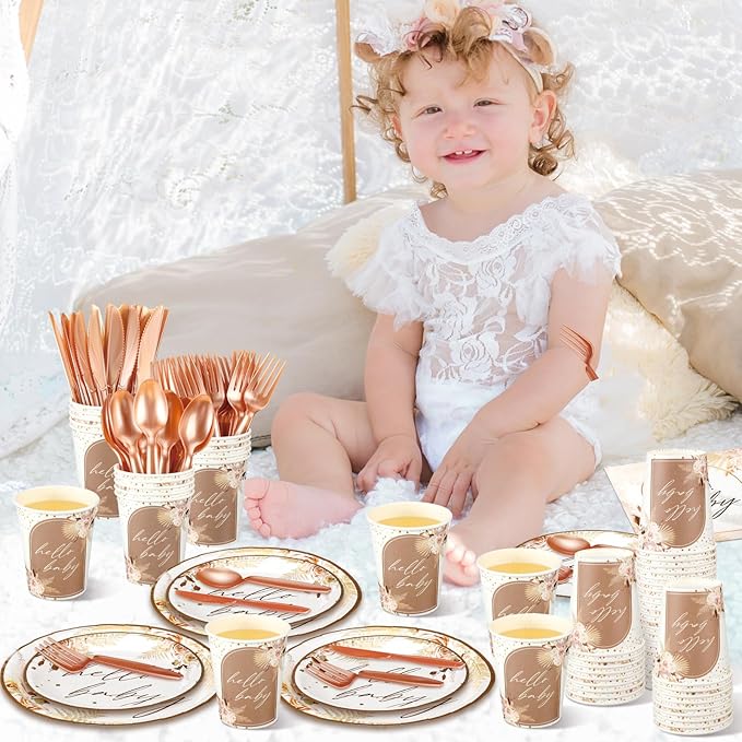 Dandat 350 Pcs Baby Shower Plates Set Baby Shower Party Supplies Serves 50 Tableware Sets Include Plates Napkin Cup Forks Knives Spoons Disposable Dinnerware(Boho Pampas Grass,Brown)