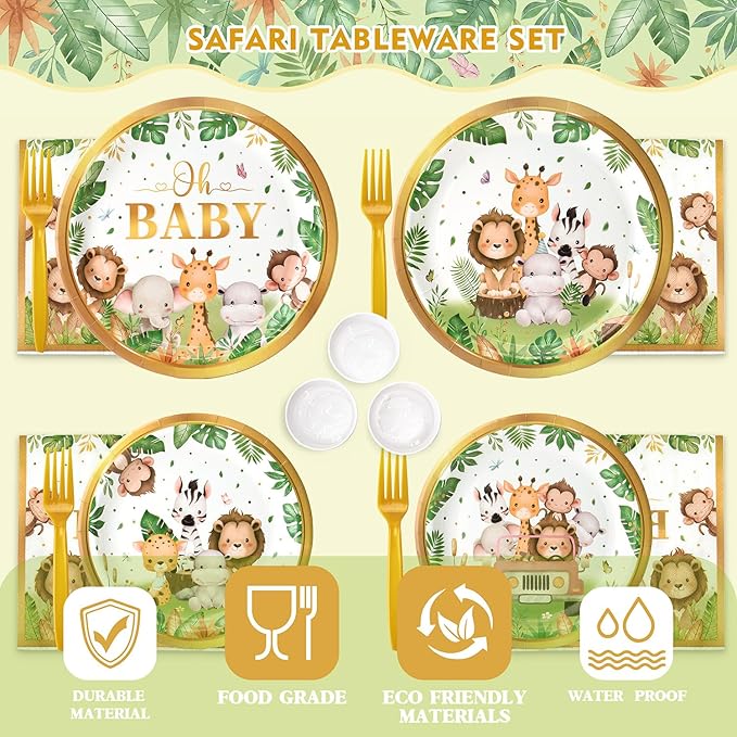 300 Pcs Safari Baby Shower Plates and Napkins (Serves 50 Guests), Plates Napkins Cups Straws and Forks Sets, Party Supplies, Jungle Safari Baby Shower Decorations