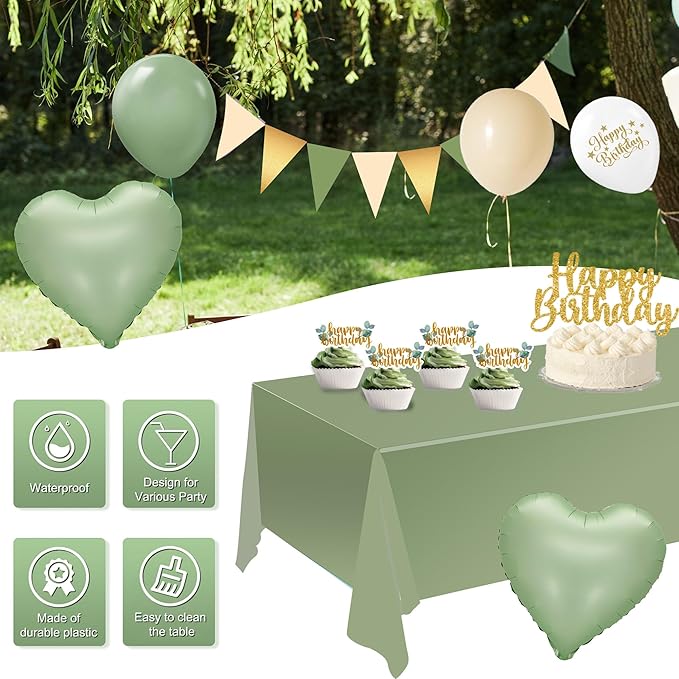 Happy Birthday Decorations For Women Men,Birthday Backdrop,Banner Balloons,Table Cloth,Paper pom poms Party Supplies for Girls Boys (Sage Green)