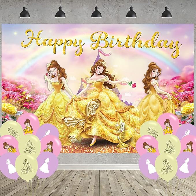 Princess Belle Birthday Party Decoration,Photo Background 5 x 3 FT, 18 Pcs Balloons,Beauty and Beast Merch Party Backdrop Supplies