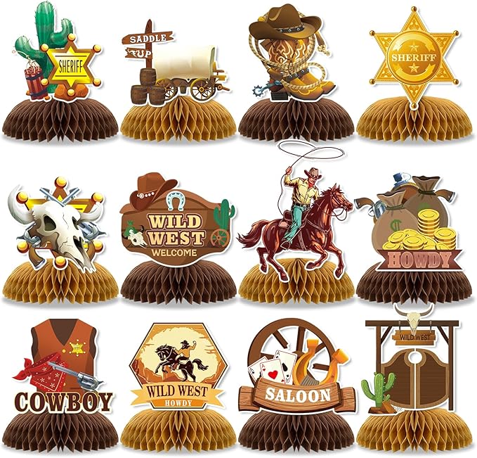 24 Pcs Wild West Party Decorations, Western Cowboy Happy Birthday Decorations, Cowboy Table Honeycomb Centerpieces Decor Table for Party Supplies for Women Men The West Cow Boys Girls Cowgirl Rodeo