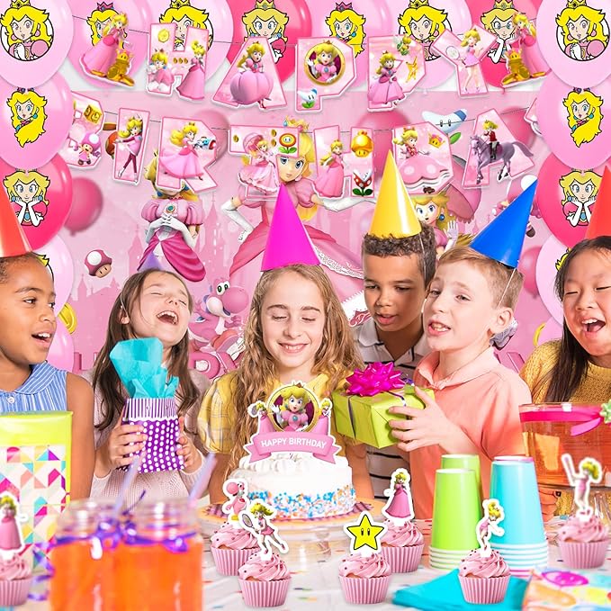 42pcs Princess Peach Birthday Party Supplies Pack Includes，Banner，Cake Topper，Blackdrop,Balloons for Princess Peach party supplies