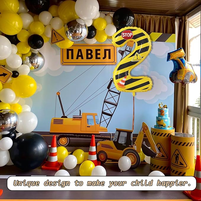 40 Inch Giant Construction Theme Number Balloons - Large Number 2 Balloons Yellow and Black Striped for Kids' Construction Birthday Anniversary Party Decorations Supplies Number 2-4 Balloon