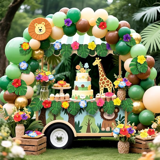 120Pcs Luau Party Decorations Fake Plants Palm Leaves Monstera Hibiscus Flowers Simulation Artificial Leaf for Hawaiian Luau Safari Parties Jungle Beach Wedding Birthday Theme Party Table Decorations