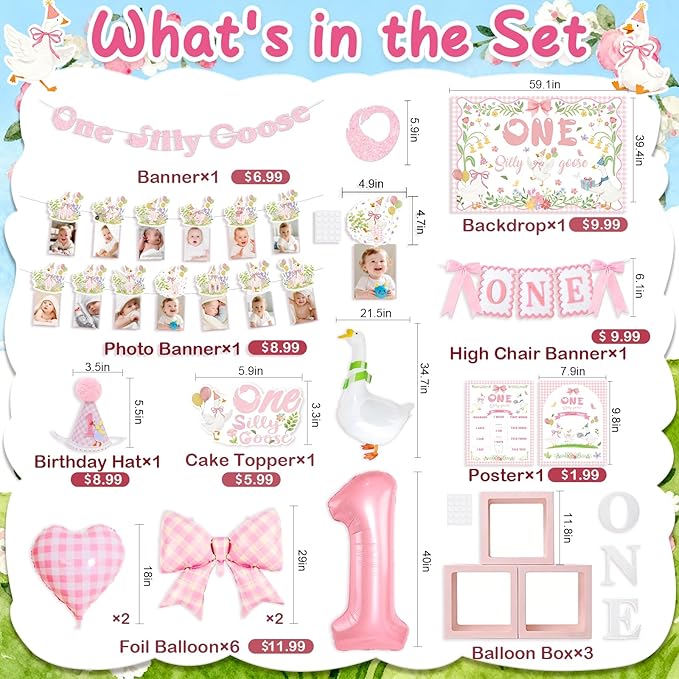 128 pcs One Silly Goose Birthday Decor Girl, Pink 1st Birthday Decorations Girl, Photo Banner Balloons Poster Hat High Chair Banner Cake Topper Boxes Goose Backdrop for Kids Birthday Party Supplies