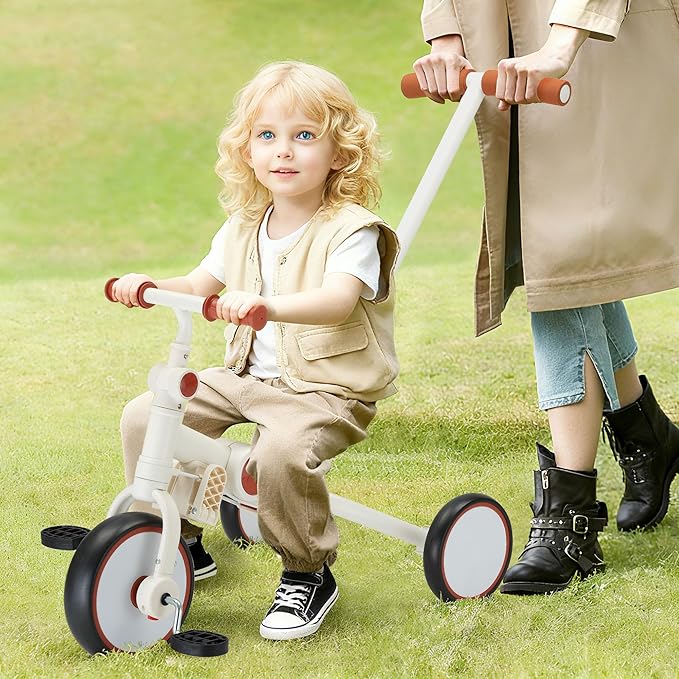 7-in-1 Foldable Baby Tricycle with Removable Canopy – Adjustable Parent Handle, Safety Harness & Wheel Brakes for Toddlers 1-5 Years Old, Balance Bike & Push Trike Gift for Boys & Girls, White