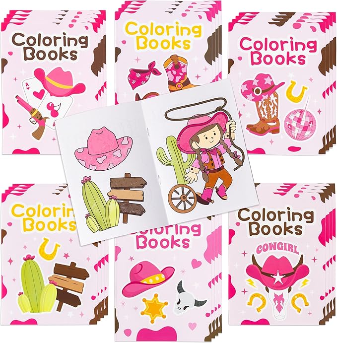 Cowgirl Coloring Books for Kids - 24Pcs Bulk Pink Western Cowgirl Mini Coloring Booklet DIY Art Drawing Book for Toddlers Holiday Birthday Cowboy Party Goodie Bags Stuffers Classroom Favors