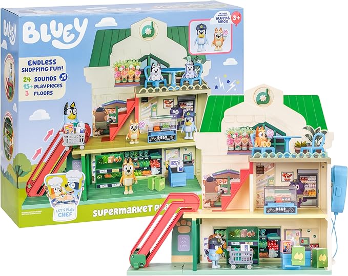 Bluey and Bingo Supermarket Playset with Escalator, Pretend Play Toys for Toddlers, Sounds and 15 Pieces, Bluey Grocery Store Playset