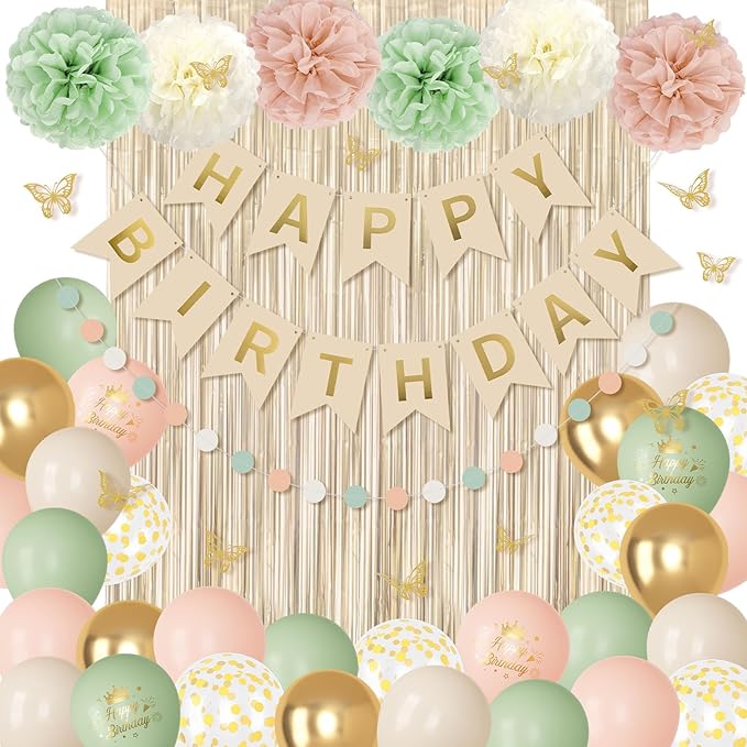 Pink and Sage Green Birthday Decorations for Women Girls, Blush Beige Sand Gold Metallic Printed Balloons Butterfly Stickers Fringe Curtain Happy Birthday Banner Circle Dot Paper Pompom Party Supplies