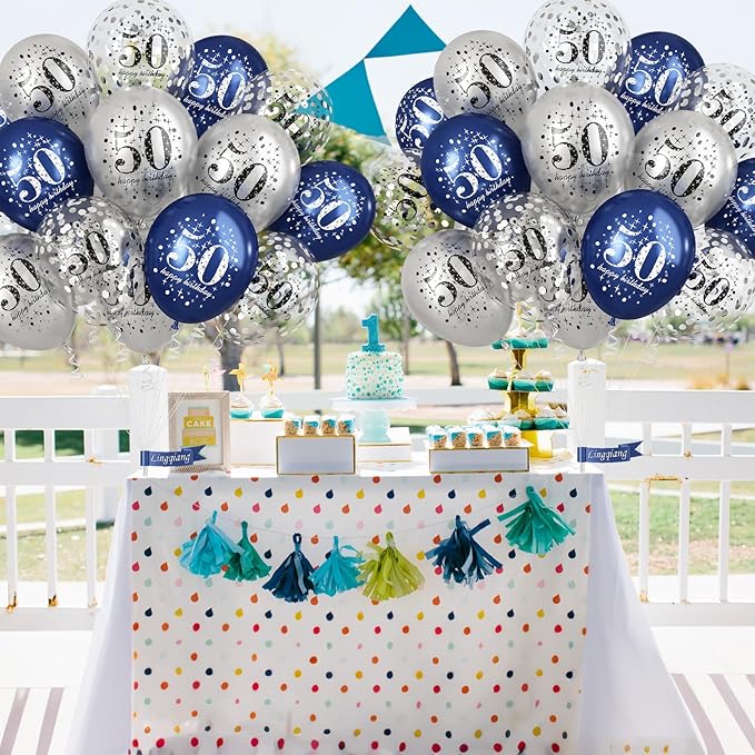 Happy 50th Birthday Balloons Navy Blue Silver, 15 Pieces 50th Birthday Decorations for Men, Blue Silver 50th Party Balloons for Him Age 50 Years Old 50th Birthday Party Decor Celebration Supplies