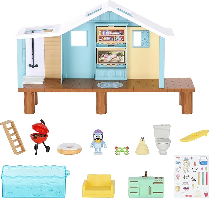 Bluey Beach Cabin Playset, 10”, Customizable Toddler House Playset with 10 Play Pieces and 2.5” Goggles Figure, Toy Houses for Kids Ages 3+
