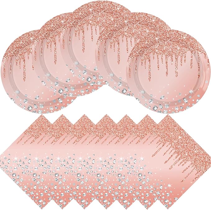 Pink Rose Gold Birthday Decorations, Dessert Plates and Napkins for Girls - Disposable Party Favors (20 Plates and 20 Napkins)