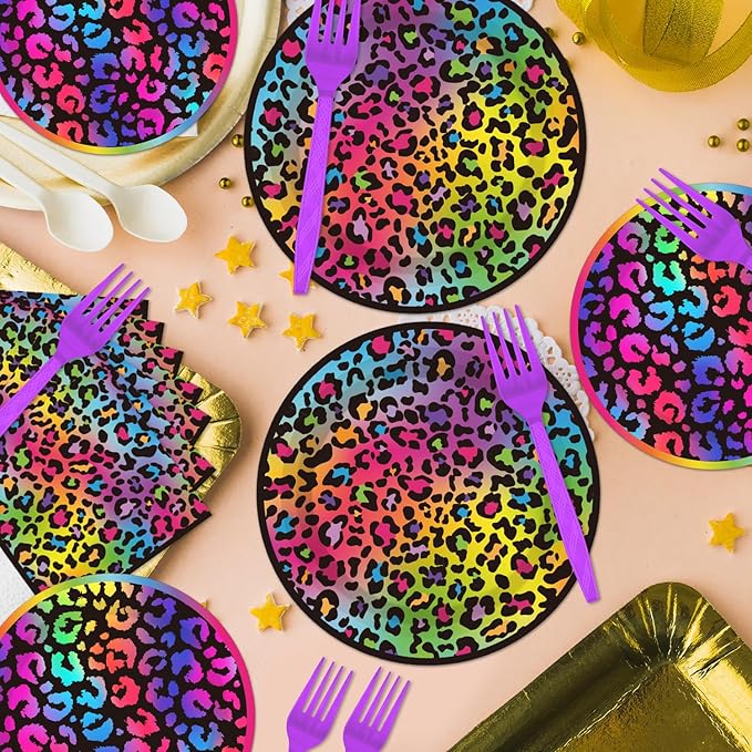 96Pcs Cheetah Print Birthday Party Decorations, Neon Rainbow Leopard Themed Party Supplies Tableware Set Include Paper Plates, Napkins, Forks, Serves 24 Guests