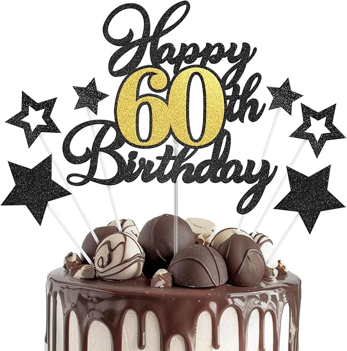 Happy 60th Birthday Cake Toppers, Black Gold Glitter Cake Decorations Set, 60th Birthday Decor for Men Women, Birthday Anniversary Party Decorations Supplies