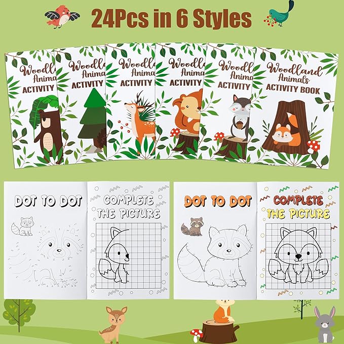 Dvbonike 24Pcs Woodland Animals Activity Books for Kids Forest Creatures Mini Fun Games Coloring Book in Bulk Wild Party Favors Goodie Bags Stuffers for Birthday Classroom School Rewards Supplies