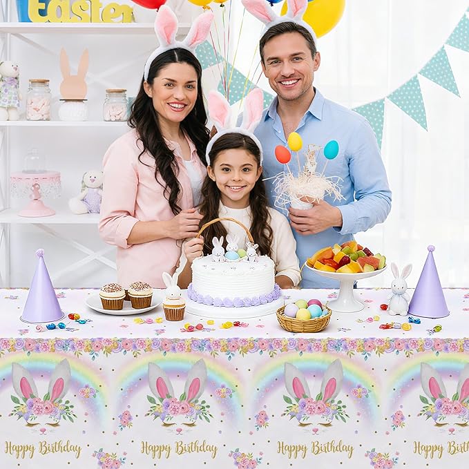 MEHOFOND 3 Pack Bunny Birthday Tablecloth, Disposable Plasticable Easter Table Cloth 54x108 inch, Rainbow Bunny Birthday Party Supplies Spring Easter Table Cover for Party Decor