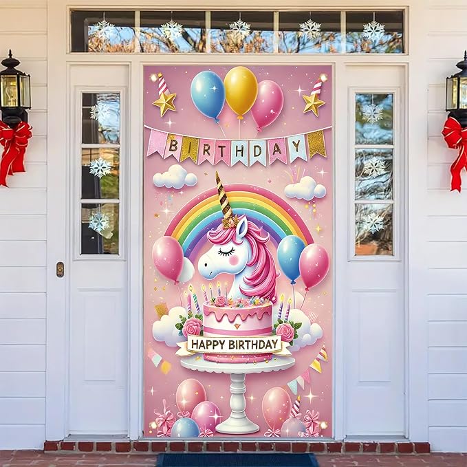 Unicorn Birthday Door Cover 71 x 35 inch Party Decoration Rainbow Cake Backdrop Door Banner for Girls Kids Birthday Celebration Photography Background Party Supplies