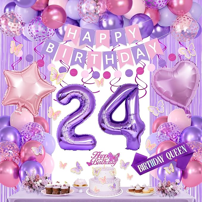 24th Purple Birthday Decorations for Women, Pink and Purple Happy 24 Birthday Party Decorations with Happy Birthday Banner, Number Foil Balloons, Butterfly Cake Topper for 24th Party Supplies