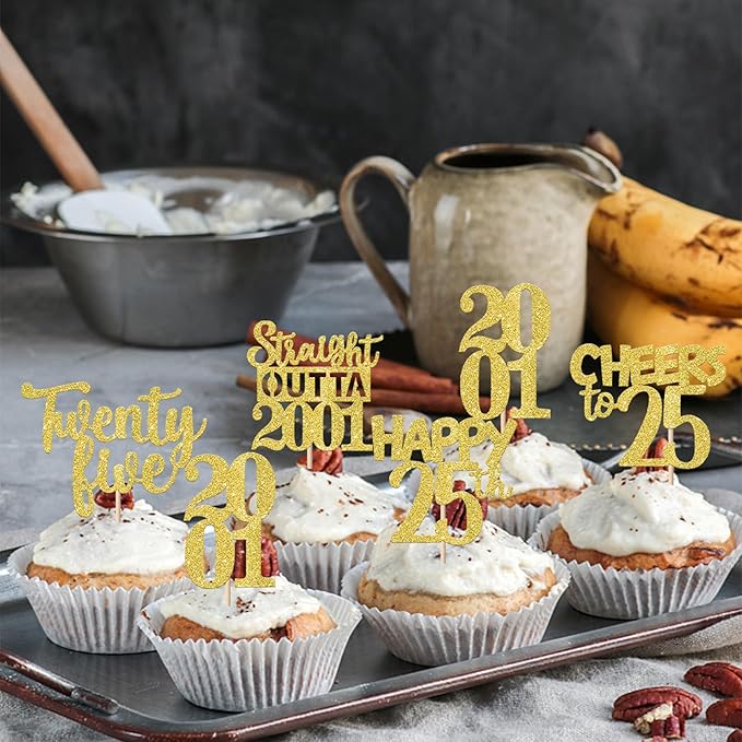 30PCS Straight Outta 2001 Cupcake Toppers Gold Glitter Twenty Five Happy 25th Birthday Cupcake Picks Cheers to 25 Years Cake Decorations for 25th Birthday Anniversary Party Decoration Supplies