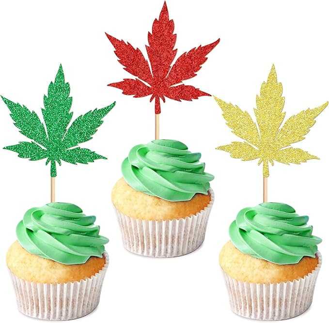 Ercadio 24 Pcs Green Red Glitter Marijuana Cupcake Topper Have a Dope Theme Decor Supplies Man Woman Happy Birthday Party Decorations Supplies