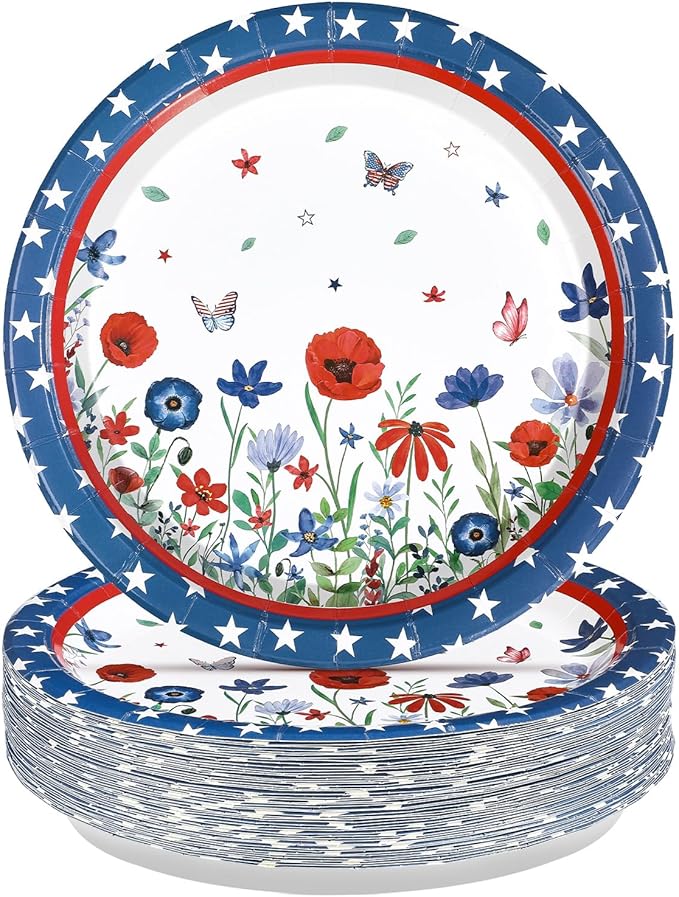 50Pcs Patriotic Paper Plates 10'' Large Heavy Duty Patriotic Veterans Day Platters Red White Blue Star Plates American Flag Theme Decor for USA 4th of July Memorial Day Birthday Party Decorations