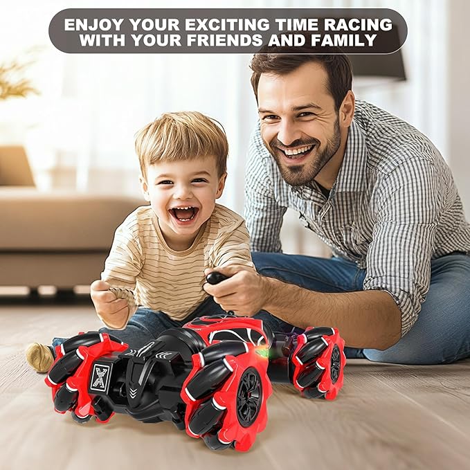 Gesture RC Car Red,1:24 High Speed 4WD Transform Stunt Car with Gesture & Remote Control, 360° Rotation Drift Vehicle with LED Lights Music, Racing Toy Cars Gift for Boys Girls Age 6-12