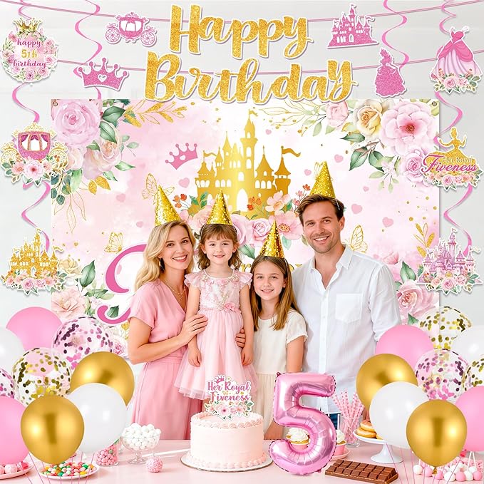 Princess 5th Birthday Party Decorations, Her Royal Fiveness Birthday Banner Pink Princess 5th Backdrop Banner Hanging Swirls Balloons Cake Topper for 5 Years Old Girl Bday Party Supplies