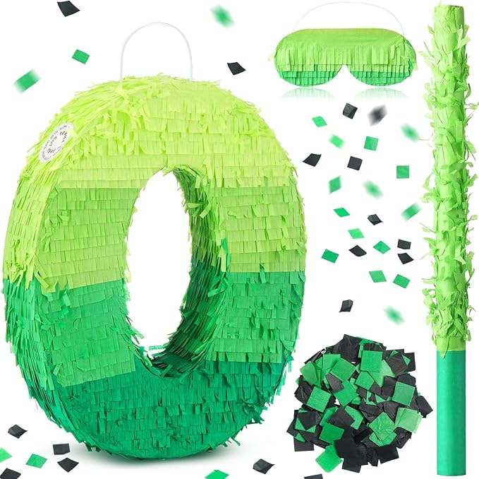 Number Piñata Decorations 16 Inch Gradient Green Piñata with Blindfold Stick and Confetti for Birthday Baby Shower Safari Jungle Themed Party Supplies Centerpiece(Number 0)