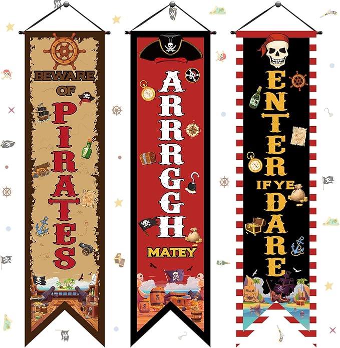 3 Pcs Pirate Banners Beware of Pirate Porch Sign Treasure Hunt Hanging Flags Skull Halloween Party Decorations Birthday Photo Props Backdrop Supplies for Outdoor Door Wall Yard Camping