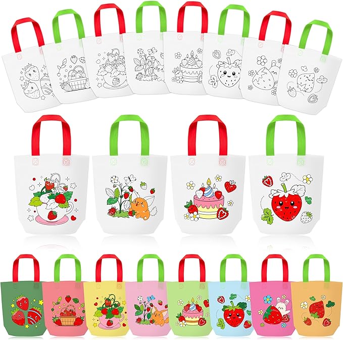 Strawberry Coloring Goodie Bags for Kids - 24Pcs Valentine's Day Strawberry Bulk Color Your Own Gift Bags with Handle FruitsTheme Reusable Coloring Bag Non Woven Tote Bag for DIY Crafts Party Favors