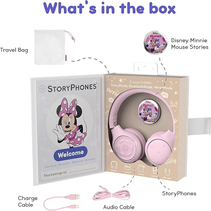 Disney Kids Bluetooth Foldable Headphones: Use Wired or Wireless for Travel, Education, and Screen-Free Entertainment | Includes Minnie Mouse StoryShield, Pink