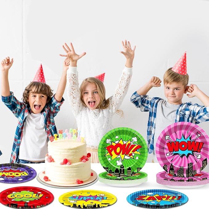 CHUNNIN 60 Pcs Super Theme Hero Party Plates for Birthday Party Decorations 9in Super Theme Hero Paper Plates Disposable Colorful Paper Plate for Kids Home Birthday Event Supplies