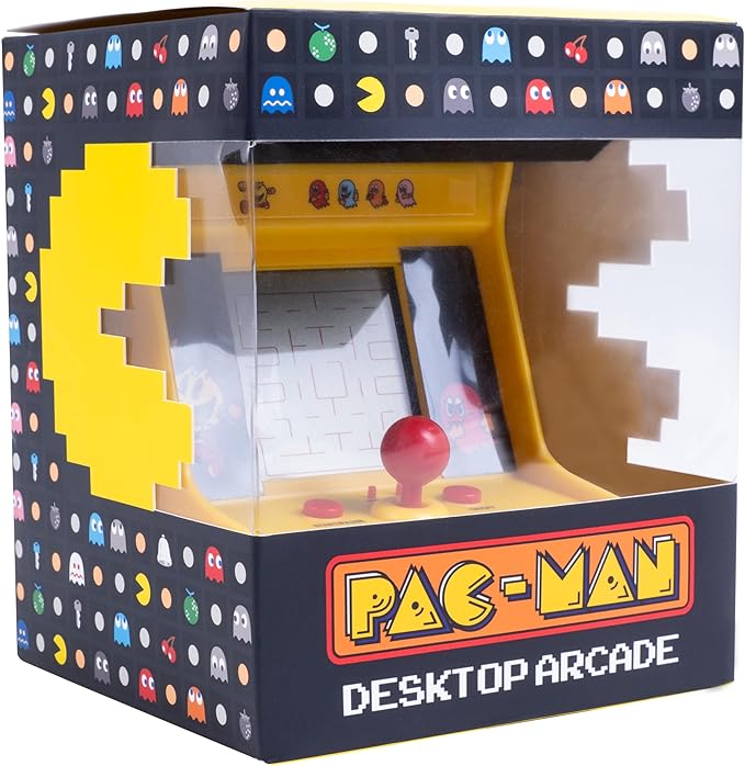 Pac-Man Desktop Arcade – Retro Mini Arcade Game with Classic 8-Bit Gameplay, LCD Screen, Joystick Controls, Battery-Powered, Officially Licensed Pac-Man Merchandise by Fizz Creations.