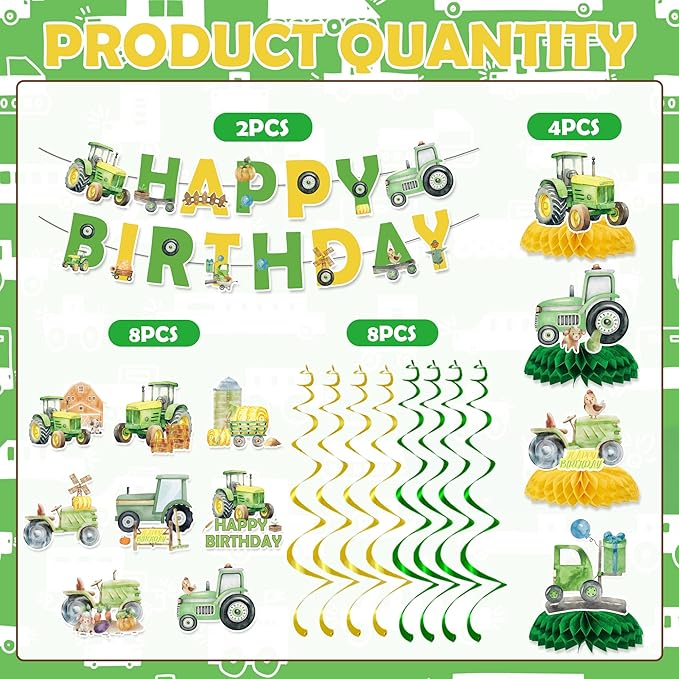 Tractor Birthday Party Decorations Include Tractor Happy Birthday Banners Hanging Swirls Honeycomb Centerpiece Tractor Farm Theme Supplies for Boys