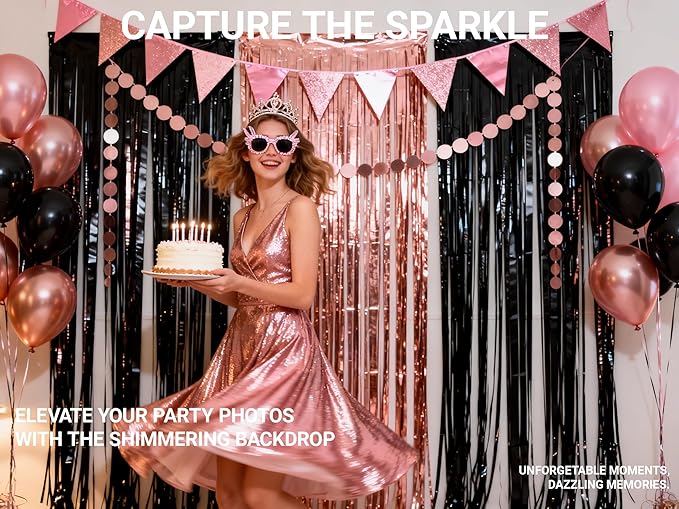 3 Packs Rose Gold and Black Foil Fringe Curtains, Birthday Party Decorations Backdrop Tinsel Steamer, Wedding Engagement Bridal Shower Party Decorations Retirement Decor Graduation Party Backdrop