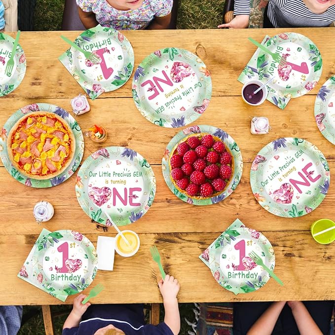 96Pcs 1st Birthday Party Supplies Gem Stone Plates and Napkins Our Little Precious Gem is Turning One Green Crystal Jewel Tableware Sets for 1st Birthday Girl Boy One Year Old Party Serve 24