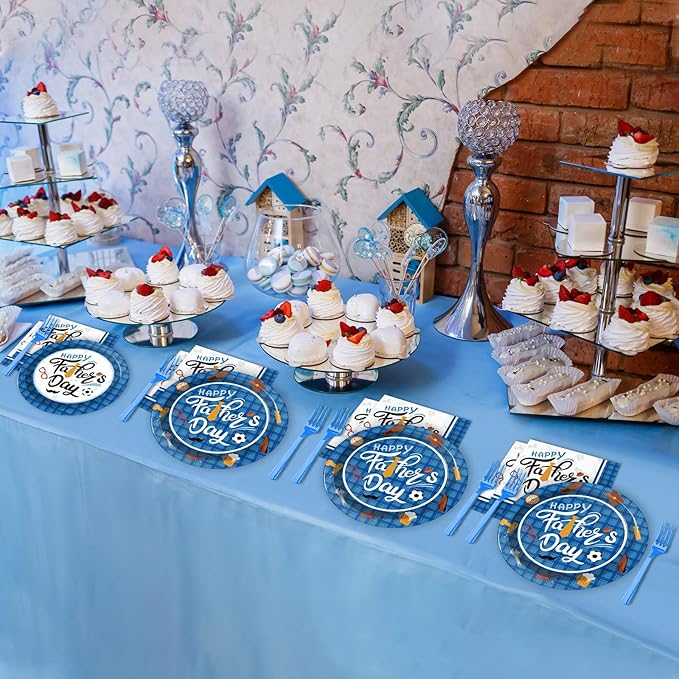 Wiooffen 96 Pieces Happy Father's Day Party Decorations Fathers Day Plates And Napkins Tableware Set Blue Fathers Day Celebration Supplies Best Dad Party Decorations Serve 24 Guests