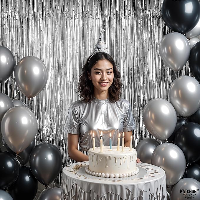 KatchOn, Silver Foil Fringe Curtain - Pack of 2 | Streamers Backdrop for Disco Birthday Decorations | Silver Fringe Backdrop for Bachelorette Party Decorations, Anniversary | Disco Party Decoration
