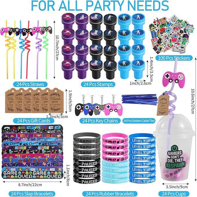 LiYiQ 292 Pcs Video Game Party Favors With Reusable Drinking Straws Cups Slap Bracelets Keychains Gift Tags Stamps Stickers and Twist Ties for Gamer Birthday Party Supplies (Blue and Black Game)