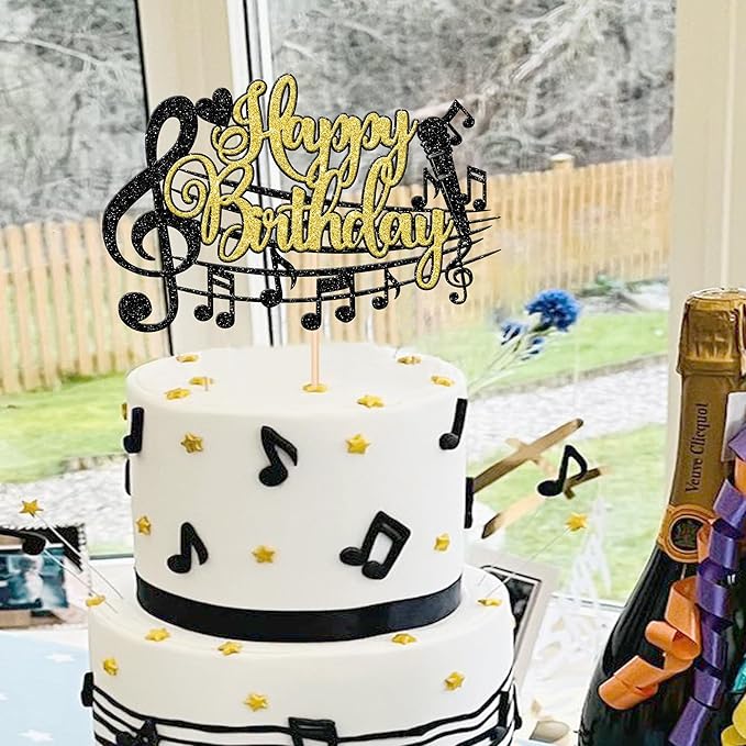 1 PCS Music Happy Birthday Cake Topper Black Gold Glitter Musical Symbol Note Microphone Music Lover Birthday Cake Pick for Concert Singer Theme Party Cake Decoration Supplies