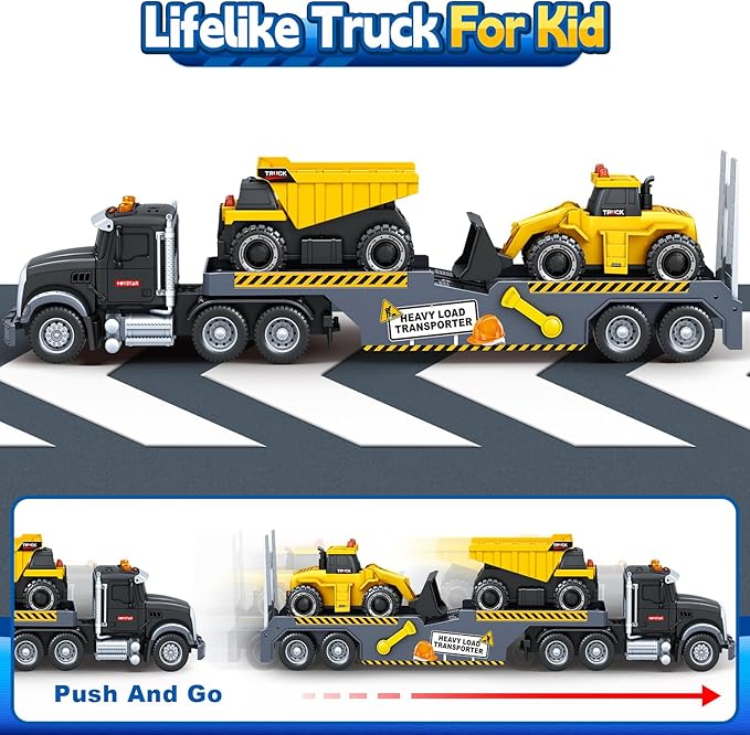 Toddler Boy Toys for 3 4 5 6 7 Years Kids, 21" Semi Construction Carrier Truck Toy with Excavator and Dump Truck, Friction Powered Toys with Lights and Sounds, Birthday for Boy Girls