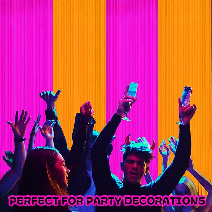 4 Pack Glow in The Dark Curtains Party Supplies 6.6 x 3.3 Ft Glow Tinsel Foil Fringe Curtains Orange Purple Photo Booth Prop Backdrop Streamer for Halloween Holiday Neon Party Decorations