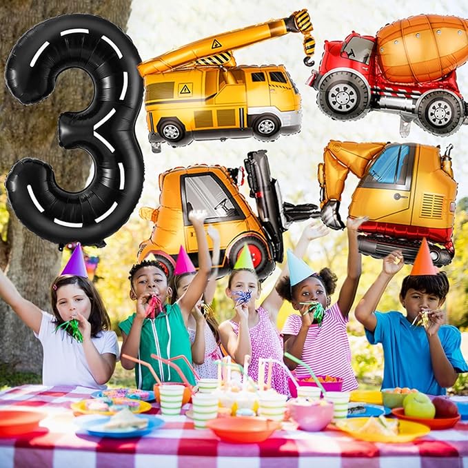 Construction Birthday Decorations 3 Year Old, Large Construction Balloons 40Inch Racetrack Black Number 3 Balloons Construction Truck Foil Balloons for Boys 3rd Construction Birthday Party Supplies