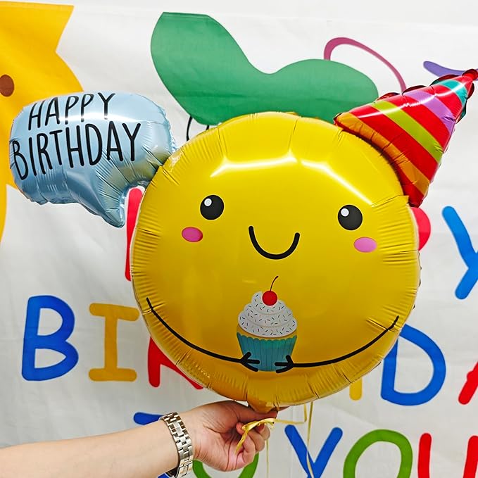 Cute Smiling Foil Balloon Sunshine Smiley Face Party Decorations Happy Birthday Message Bubble Decoration Gift Hat Holding Cake Birthday Party Background Layout Decoration Baby Shower Supplies