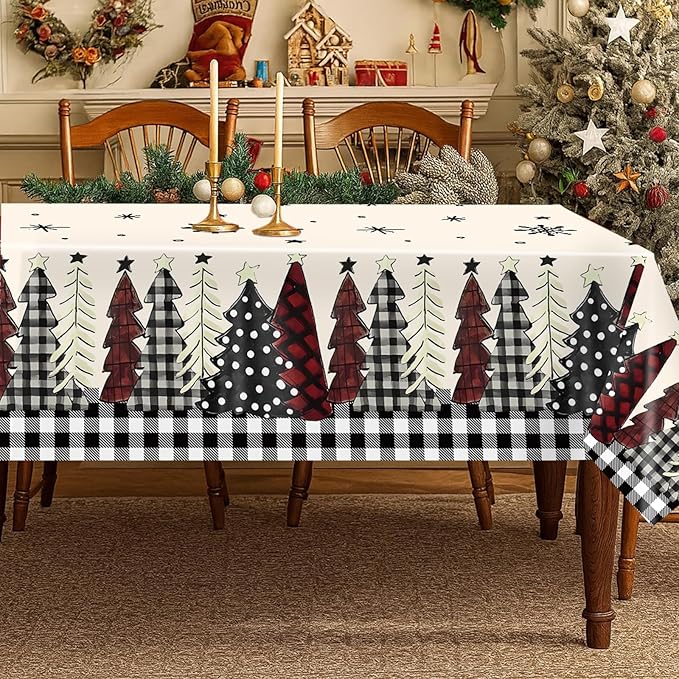 3PCS Christmas Tablecloth, Black Buffalo Plaid Plastic Tablecloths for Rectangular Tables, Winter Christmas Tree and Snowflake Disposable Table Cover for Party Picnic Dinner Decor, 51.2x 86.6inch