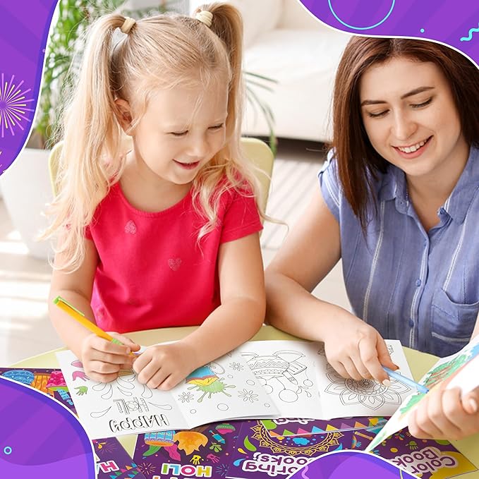 Holi Coloring Books for Kids 24Pcs Bulk Happy Holi Mini Coloring Booklet DIY Art Drawing Book for Toddlers Indian Festival Holiday Party Goodie Bags Stuffers Sunday School Classroom Favor