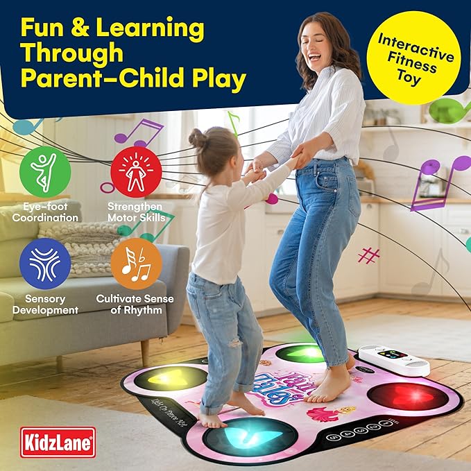 Kidzlane Light Up DJ Dance Mat for Kids - Bluetooth & AUX Compatible - 3 Fun Arcade Games with 5 Difficulty Levels - Detachable Top Mats with Fairytale & Speaker Motives - Adjustable Volume - Ages 6+
