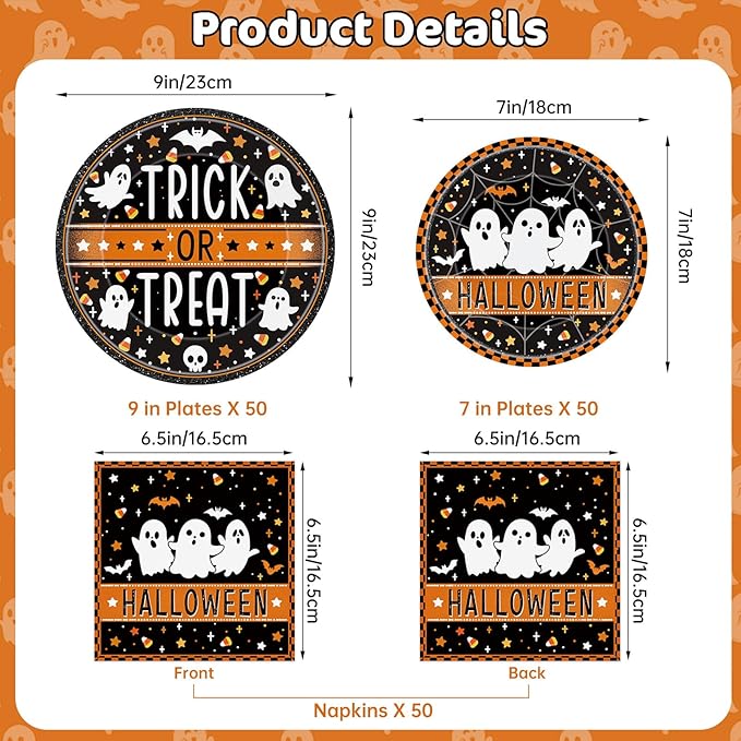 150 Pcs Happy Halloween Plates and Napkins Set - Trick or Treat Ghost Paper Tableware, Disposable Dinner Dessert Paper Plates Napkins Kit for Halloween Table Decorations Party Supplies, Serve 50