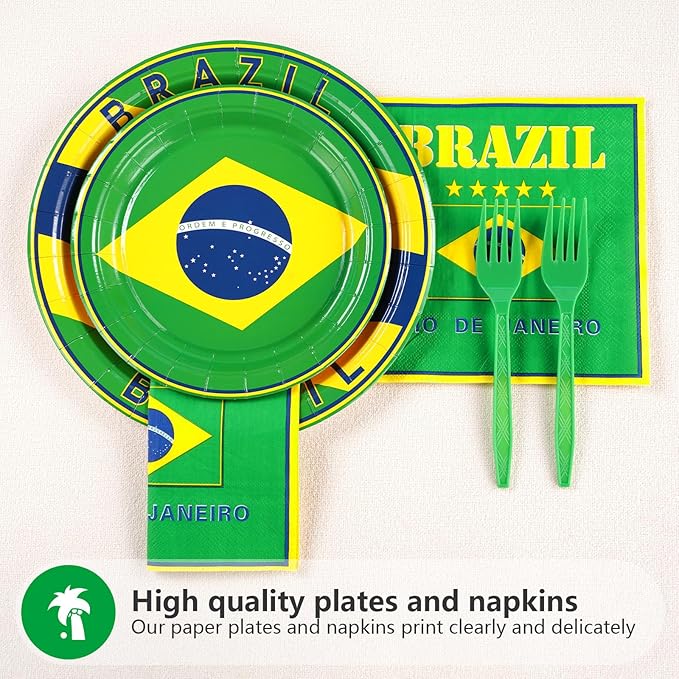 96 Pcs Brazil Flag Birthday Party Supplies Brazil Flag Party Plates and Napkins Disposable Brazilian Flag Tableware Set for Brazil Party Decorations Patriotic Event Birthday Family Gathering Serves 24